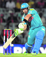Aaron Finch goes for a six in Chepauk.