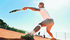 Rafael Nadal of Spain trains at the Monte Carlo Country Club in Monaco on Monday in preparation for the Monte Carlo Masters.