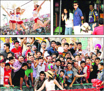 Clockwise (from top left): Cheer leaders perform during a match between Kings XI Punjab and Kolkata Knight Riders; Juhi Chawla waves at Preity Zinta; and the crowd in a jubilant mood as Preity Zinta gets ready to distribute T-shirts at the PCA Stadium, Mohali, on Tuesday. 