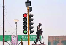 The non-functional digital timers of traffic signals at Satwari Chowk in Jammu on Tuesday