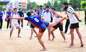 Players in action during Inter-Battalion Sports Meet in Jammu on Tuesday