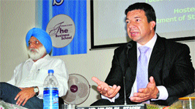 Ambassador of Czech Republic to India Miloslav Stasek addresses faculty members and students of University of Jammu on Tuesday.