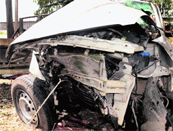 The mangled remains of the Swift car which met with an accident at Transport Nagar Chowk.