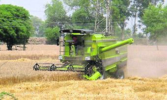 A combine harvester in action.
