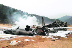 The wreckage of a US Marine helicopter after it crashed during a Korean Marine exchange programme in Chulwon, South Korea, on Tuesday. 