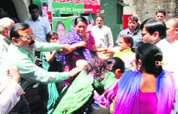 Two factions of UKD workers clash in the office of the party in Dehradun on Wednesday. A Tribune photograph 