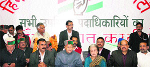 CM Virbhadra Singh with other ministers during a DCC meeting in Shimla on Wednesday. 