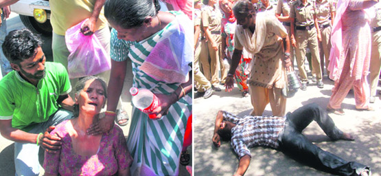 Relatives of the accused arrested by the police in drugs haul cases protest outside the district courts complex in Jalandhar on Wednesday.