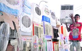Coolers on sale at a shop in Jammu on Wednesday