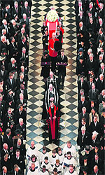 The Bearer Party made up of personnel from the three branches of the military carry the coffin of Margaret Thatcher during her ceremonial funeral in Londons St Pauls Cathedral on Wednesday