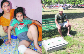Geetinder, who sustained injuries after falling into an open manhole; and (right) the manhole in which he had fallen at the Sector 47 MC park in Chandigarh has now been covered.
