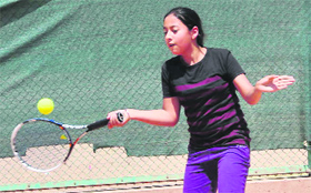 A player in action during the Manav Mangal Ideal Tennis Tournament at Manav Mangal School at Sector 11 in Panchkula on Thursday.