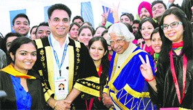 Dr APJ Abdul Kalam, former President, with students after the convocation at the Chandigarh Group of Colleges at Landran in Mohali on Thursday.