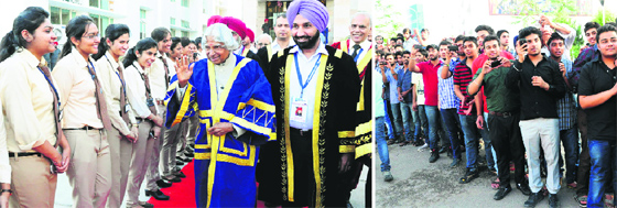 A former President, Dr APJ Abdul Kalam, meets students during a convocation; and (right) students wait for the former President at the Chandigarh Group of Colleges at Landran in Mohali on Thursday.