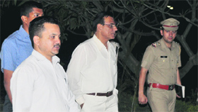 Rajbir Deswal with DCP Ashwin Shenvi and SHO Navin Sidhu at Sector 5 in Panchkula during the drive on Thursday.