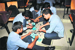 Students of the University of Petroleum and Energy Studies participate in a programme organised by Mahindra & Mahindra company in Dehradun on Thursday. 