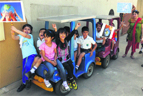 Students of The Millennium School, Gurgaon, during a visit to the Rajiv Gandhi Renewable Energy Park in Gurgaon.
