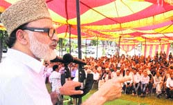 Minister for Panchayati Raj Ali Mohammad Sagar addresses panchayat members at Reasi on Thursday. A Tribune photograph