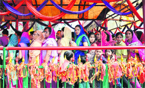Call of faith: Devotees line up at Baewwali Temple in jammu on the occasion of Ashtami in Jammu on Thursday. 