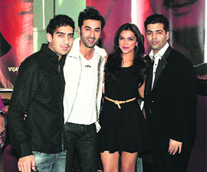Ayan Mukerji with Ranbir Kapooor, Deepika Padukone and Karan Johar