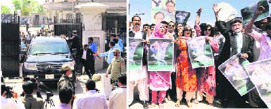 Supporters of Pervez Musharraf shout slogans while holding his posters in Islamabad on Thursday. (Left) Pervez Musharraf leaves the high court in Islamabad on Thursday.  Reuters & AP/PTI