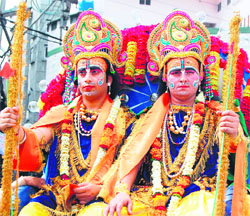Artists dressed as Lord Ram and Lakshman during a procession to mark Ramnavmi in Amritsar on Friday.