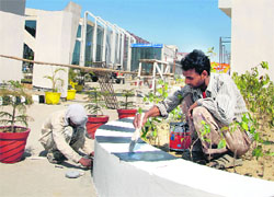 Labourers give finishing touches to the main entrance of DAV University on the Jalandhar-Jammu highway on Friday. 