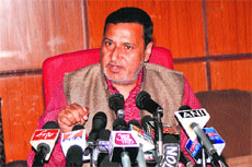 Minister for PHE, Irrigation and Flood Control Sham Lal Sharma addresses a press conference in Jammu on Friday.