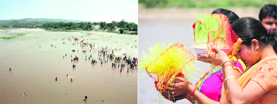 Devotees immerse saankh (barley sprouts) in the Tawi river on the occassion of Ram Navami in Jammu on Friday.
