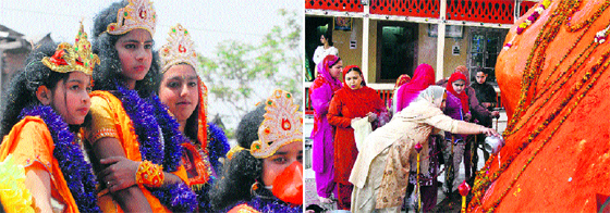 Children dressed in colourful costumes during a procession on Ram Navami; and (right) women offer prayers at Shakira Devi Temple in Hari Parbat Fort in Srinagar on Friday.