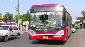 A low-floor bus in Ludhiana.