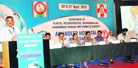 A speaker adresses during a workshop at Amandeep Hospital in Amritsar on Saturday
