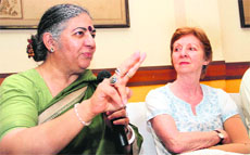 Dr Vandana Shiva, an environmentalist, addresses a press conference in Dehradun on Saturday. 