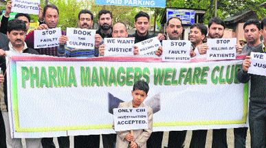 A protest against spurious drug trade in Srinagar on Saturday.