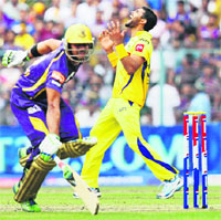 Chennai Super Kings Ravindra Jadeja reacts after missing a run out chance against Kolkata Knight Riders batsman Manoj Tiwary at Eden Gardens on Saturday.