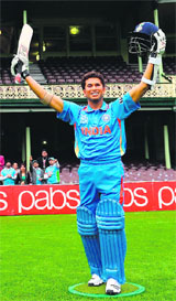 A wax statue of Sachin Tendulkar stands on the field at the SCG in Sydney. Tendulkar's statue will takes its place on display at Madame Tussauds Sydney museum next to other A-list sports stars such as Shane Warne and Donald Bradman. The Master Blaster will turn 40 on April 24. 