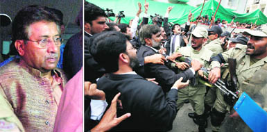 Pakistans former President and military ruler Pervez Musharraf leaves after appearing in an anti-terrorism court in Islamabad on Saturday; and (right) lawyers raising anti-Musharraf slogans scuffle with paramilitary soldiers outside the court .