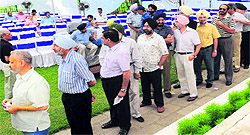 Members stand in queue during the annual elections of Chandigarh Golf Club, on Sunday