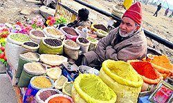 A roadside vendor selling spices waits for customers at Amirakadal in Srinagar on Sunday