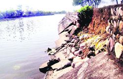 The damaged embankment that has been temporarily plugged by the authorities at Khatigarh village near Mukerian in Hoshiarpur district.