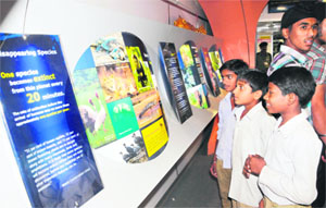 School students visit the Science Express stationed at the Verka railway station in Amritsar. 