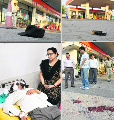 (Clockwise from top left): Belongings of the victims; blood spattered on the floor and a security guard undergoes treatment at the GMSH-16 in Chandigarh on Monday.