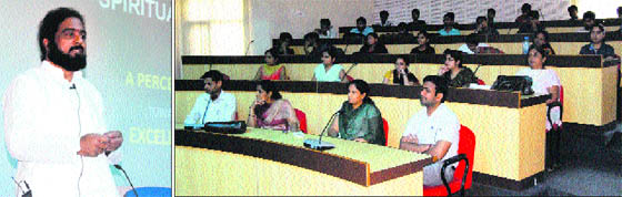 The audience comprising the faculty, research scholars and students attends an interactive lecture on "Science and Spirituality" at the NIT Senate Hall, Kurukshetra.