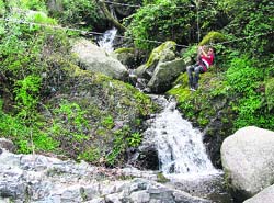 A schoolboy crosses a nullah in the Dalhousie hills.