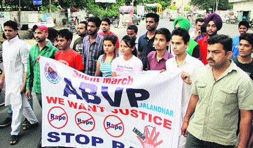 ABVP activists take out a march against the New Delhi rape incident in Jalandhar on Monday. 