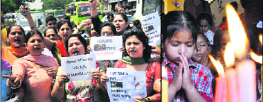 Activists of the Jammu Mahila Morcha hold a protest; and (right) children of a playschool during a candlelight vigil for the speedy recovery of the 5-year-old girl who was brutally raped in Delhi. 
