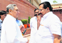 Joint Parliamentary Committee chairperson PC Chacko (right) with Congress leader Janardhan Dwivedi at Parliament in New Delhi on Monday. 