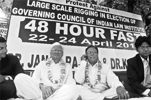 Members of the ILI sit on a 48-hour hunger strike in New Delhi on Monday.