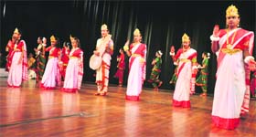 Students perform on stage during the Annual Day celebrations at Kendriya Vidyalaya Sunjuwan in Jammu on Tuesday