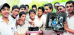 Young cricket players celebrate Sachin Tendulkar's birthday at Government Model Senior Secondary School, Sector 19, Chandigarh, on Wednesday